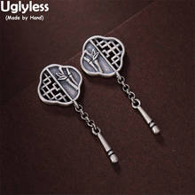 Uglyless Hollow Window Lattice Bamboo Leaf Earrings for Women Thai Silver Ethnic Vintage Earrings Real 925 Silver Tassel Jewelry 2024 - buy cheap