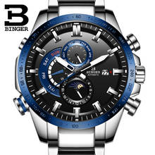 Genuine Luxury Switzerland BINGER Brand Men Watch automatic mechanical Luminous blue waterproof running steel male moon phase 2024 - buy cheap