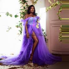 Elegant Purple Split A-line Tulle Bridal Dresses Off The Shoulder Formal Event Party Dress Tiered Ruffles Women Dress Long Robe 2024 - buy cheap