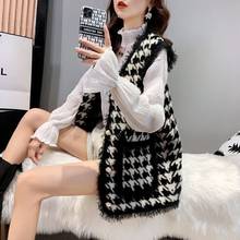 Pele de vison do falso houndstooth malha colete feminino outono inverno bolso solto xadrez sem mangas cardigan nova moda colete 2024 - compre barato