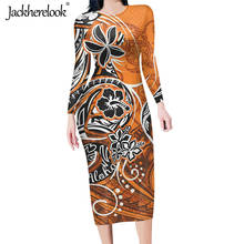 Jackherelook-vestido de tubo de manga larga para mujer, vestidos Bodycon Vintage de otoño con estampado de hibisco polinesiano naranja para niña 2024 - compra barato