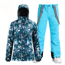 -30 conjunto de roupa de neve feminina, fantasia de esportes ao ar livre com estampa de leopardo azul, conjunto de roupas à prova d'água para snowboard com jaqueta e calça 2024 - compre barato