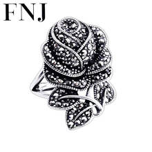 Anel de prata 925 com flor rosa fnj, anel ajustável com tamanho aberto popular de prata sólida s925 para mulheres, joias finas 2024 - compre barato