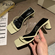 Pzilae sapatos femininos de salto alto quadrado, novos sapatos para áreas externas transparentes com tira fina de pvc 2024 - compre barato