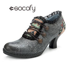 Socofy sapatos femininos de couro legítimo, vintage, boêmio, primavera, outono, zíper, aba de renda, tornozelo 2024 - compre barato