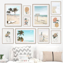 Palmeira mulher linha praia mar paisagem da parede arte da lona pintura nordic posters e impressões fotos de parede para sala estar decoração 2024 - compre barato