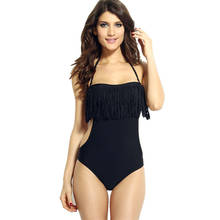 Traje de baño de una pieza para mujer, Monokini, bañador negro sólido, Sexy, con borlas, ahuecado 2024 - compra barato