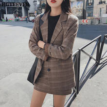 2019 Retro Plaid Blazer Sets Single-breasted Jacket & Pencil Skirt Vintage 2 Pieces Skirt Suits Female Office Ladies Blazer Suit 2024 - buy cheap