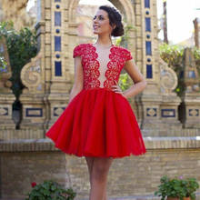 Red Short Mini Homecoming Dresses 2021 A Line Cap Sleeve Sheer Neck Lace Appliques Elegant Party Prom Gown Tulle Sexy Backless 2024 - buy cheap