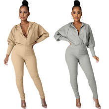 Khaki Gray Stretchy Bandage Jumpsuit for Women Hooded Drawstring Long Sleeve Fashion Streetwear Skinny Active Workout Outfits 2024 - buy cheap