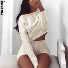 YHLZBNH Women Cable Knit Crop Top Lounge Wear Suit Ladies 2pcs Tracksuit Set lounge wear solid crop top Sweater shorts pants 2024 - buy cheap