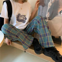 Pantalones vintage a cuadros para mujer, pantalón informal, coreano, holgado, de pierna ancha 2024 - compra barato