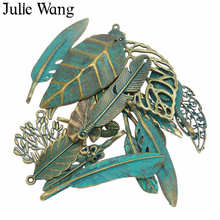 Julie Wang 14PCS Feather Leaves Charms Alloy Antique Green Random Mixed Pendants Necklace Finding Jewelry Making Accessory 2024 - buy cheap