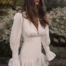 Vestido elegante pregado para mulheres, branco, manga lanterna gola v, cintura alta, mini vestidos femininos, moda nova roupas 2020, outono c209 2024 - compre barato