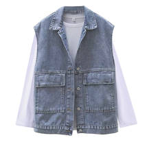 #3130 Blue Black Denim Vest Women Loose Korean Style Jeans Vest Coat Female Loose Denim Vest Waitcoat Ladies Sleeveless Jacket 2024 - buy cheap