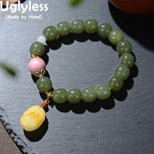 Uglyless Nature Gemstones Beading Nephrite Bracelets for Women Elastic Rope Pink Shell Bracelet Beeswax Amber Jewelry 925 Silver 2024 - buy cheap