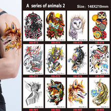 12 folhas de tatuagem temporária, animal coruja lobo flor argônio arte corporal braço mulheres adesivo falso à prova d' água 2024 - compre barato