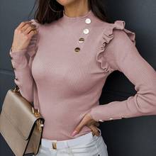 Spring 2021 Women Shirt Blouse Elegant Fashion O-Neck Long Batwing Sleeve Knitwear Rib Ruffle Buttons Slim Shirt Blouses 2024 - buy cheap