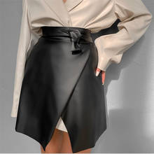 Women Fashion Casual Black PU Bottoms Girl Dating Daily Trendy Sexy Sashes High Waist Leather Asymmetrical Mini Skirt All Season 2024 - buy cheap