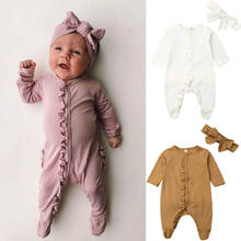Комбинезон для новорожденных 0-12 месяцев + головной убор с длинным рукавом и оборками, однотонная хлопковая удобная одежда для маленьких мальчиков и девочек 2024 - купить недорого