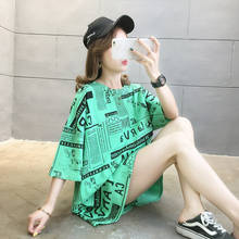 2020 женская летняя рубашка с буквами в Корейском стиле, хлопковое свободное платье большого размера, футболка средней длины с коротким рукавом 2024 - купить недорого