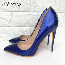 Ticicup sapatos de salto alto stiletto feminino azul escuro patente bico fino elegante senhoras deslizamento sapatos de casamento plus size 34-45 2024 - compre barato