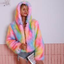Novo casaco de pele do falso das mulheres 2019 outono inverno cor arco-íris fofo fuzzy quente hoodies salsicha casaco de pele outerwear feminino 2024 - compre barato