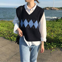Женский свитер, жилет, осень 2020, корейский стиль, Ретро стиль, геометрический рисунок, v-образный вырез, без рукавов, пуловер, вязанные женские свитера, топы T360 2024 - купить недорого