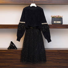 Conjunto feminino preto, plus size, inverno, suéter quente, cintura elástica, saia longa, conjunto plissado, saia midi, 2019 2024 - compre barato