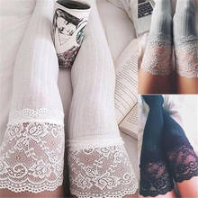 Mulheres rendas meias quentes de algodão de malha alta sobre o joelho longo meia-calça coxa meias florais 2024 - compre barato
