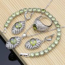 Conjuntos de joyas de plata 925 para mujer, joyería de circonia cúbica verde oliva, pendientes/anillos/Collar de boda, envío directo 2024 - compra barato