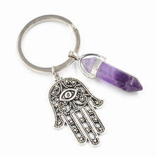 FYJS Unique Silver Plated Hand Amethysts Hexagon Column Key Chain Tiger Eye Stone Jewelry 2024 - buy cheap