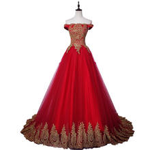 Vestido de novia indio con apliques dorados de tul, sin hombros, línea A, rojo, princesa, tren de barrido, vestido de novia de playa 2024 - compra barato