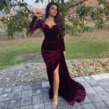Smileven Arabic Mermaid Evening Dress Long Sleeve Side Split Morocco Kaftan Soft Velvet Prom Party Gown 2024 - buy cheap
