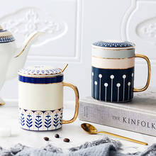 Caneca de cerâmica europeia, criativa, chá, xícara de café com tampa, colher, café da manhã, leite, copo de água, presentes de aniversário de 320ml 2024 - compre barato