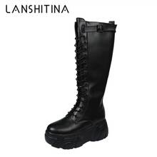 Botas femininas de inverno na altura dos joelhos, sapatos pretos de couro e com pelos, 6.5cm, para motocicleta 2024 - compre barato