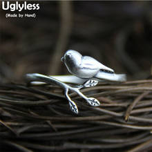 Anel de prata esterlina real s925 uglless, anel de abertura de pássaros adorável para mulheres, moda simples e artesanal, anel de folhas esculpidas, bijuterias finas 2024 - compre barato