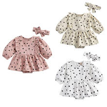 Wallarenear 0-24M Newborn Girl's 2-piece Dress Set Long Sleeve Heart Print Crew Neck Lace Short Dress and Hairband 2024 - buy cheap