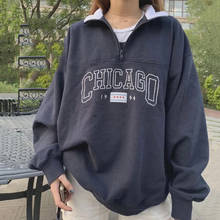 Sudadera con cuello de cremallera para mujer, ropa informal holgada de manga larga, de estilo Vintage, con estampado de CHICAGO, color azul oscuro 2024 - compra barato