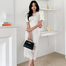 Летний корейский стиль вечерние Клубное женское платье-миди, элегантные, пикантные, с короткими рукавами, кружевное, с точки зрения узкие облегающее Разделение наряды джинсовое платье 2024 - купить недорого