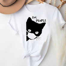 Camiseta feminina com estampa gráfica, camiseta de manga curta casual engraçada com desenho animado rosto de gato 2024 - compre barato