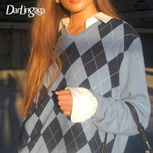 Darlingaga-suéteres de manga larga a cuadros para mujer, jerseys Vintage holgados, prendas de punto de estilo Preppy, suéteres de otoño 2024 - compra barato