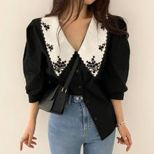 Embroidery Design Turn-Down Collar Women Shirts 2021 Summer Puff Sleeved Slim Office Lady Elegant Pulls Outwear Coat Tops 2024 - buy cheap