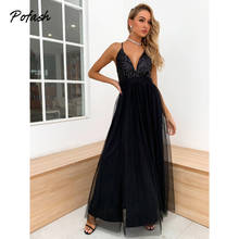 Pofash Mesh Solid Black Maxi Long Dress Women Sequin Deep V Neck Sexy Backless Club Party Dress Sleeveless Bodycon Summer Dress 2024 - buy cheap