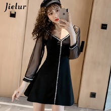 Jielur V-Neck Black Slim Mesh Dress Spliced Long Sleeves Sexy Korean Solid Color Dresses Female 2021 Autumn Vestidos Mujer 2024 - buy cheap