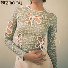 Gizmosy 2020 Весна милое платье с круглым вырезом, платье с цветочным принтом и бантом выдалбливают тонкий длинный рукав футболка женская уличная модная одежда для детей 2024 - купить недорого