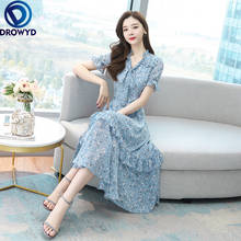 Summer Chiffon Floral Long-sleeved Midid Dress for Women 2021 Elegant Long Show Thin Blue A-line Bodycon Party Dresses Vestidos 2024 - buy cheap