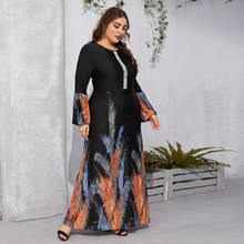 Long Sleeve Dress Women 2021 Spring O Neck Beading Feather Printing Black Casual Dress Plus Size Maxi Long Dress 2024 - buy cheap