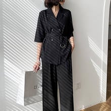 Casual preto conjunto de duas peças para as mulheres gola lapela manga curta verão blazer cintura alta perna larga calças coreano define feminino 2021 2024 - compre barato