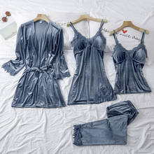 2020 Gold Velvet 4 Pieces Warm Winter Pajamas Sets Women Sexy Lace Robe Pajamas Sleepwear Kit Sleeveless Nightwear 2024 - buy cheap